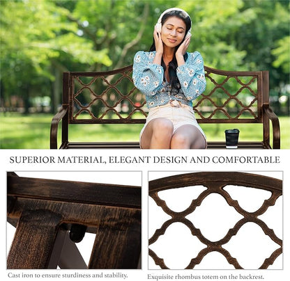 AJP Distributors 50" Outdoor Bench Garden Bench with Diamond Pattern Steel Metal Frame Park Bench Cast Iron Backrest Armrests for Patio Lawn Yard Deck Front Porch Backyard Driveway Balcony Furniture