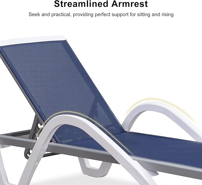 PURPLE LEAF Patio Chaise Lounge Chair Outdoor Plastic Textilene Sun Bathing Recliner Tanning Pool Lounger with 6 Adjustable Position for Outside Beach in-Pool Lawn Poolside, Navy Blue