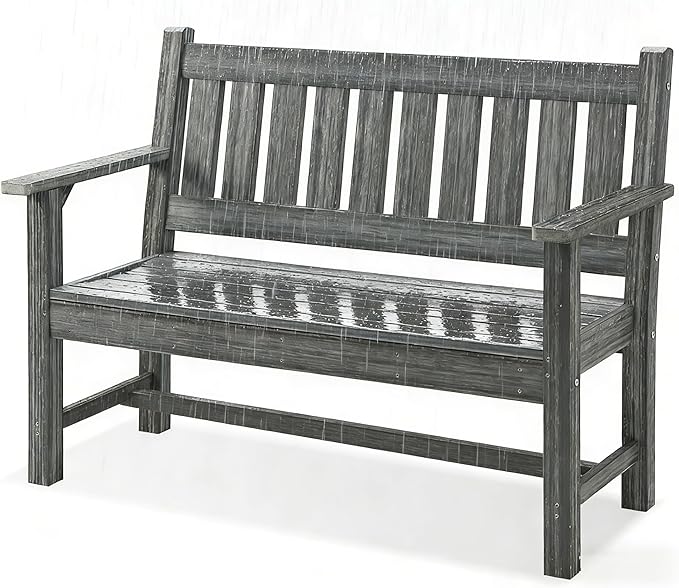 Outdoor Bench, 2-Person Garden Bench, Poly Lumber Patio Bench for Outdoors, Porch, and Park (Grey)