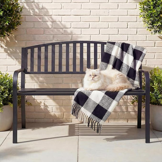 50" Outdoor Garden Bench, Iron Metal Frame Patio Bench with Backrest Armrests, Weatherproof Anti-Rust Outdoor Bench for Front Porch, Park, Yard, Patio (402-32BK)