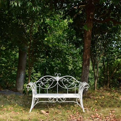 Outdoor White Metal Garden Bench, Double Seat with Decorative Cast Iron Backrest, Perfect for Patio, Yard, Porch, Balcony & Sunroom - Stylish Garden Furniture