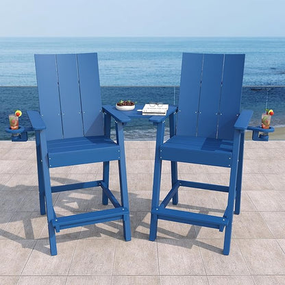 Tall Adirondack Chair Set of 2, HDPE Balcony Chairs with Connecting Tray, Two Cup Holders, All-Weather Adirondack Bar Stools for Patio, Balcony, Backyard, Poolside, Navy Blue