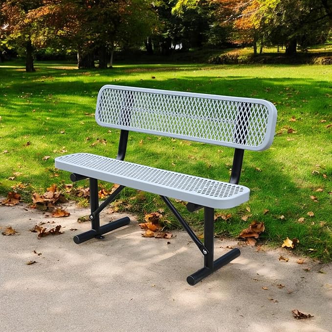 4 Ft Metal Park Bench for Outside, All-Weather Thermoplastic Coating Outdoor Bench with Backrest, Commercial Heavy Duty Benches for Shopping Malls, Stores, Parks, Patios, Decks, Grey