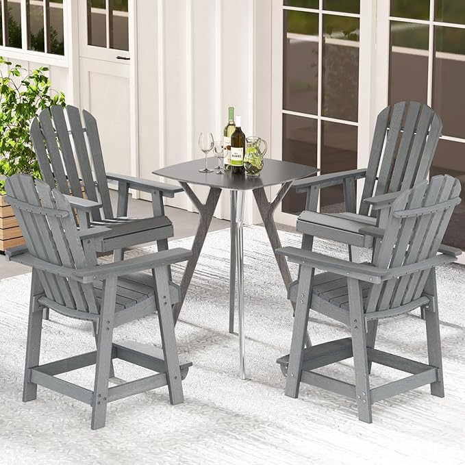 Giantex Tall Adirondack Chair Set of 4, HDPE Outdoor Bar Stools with Armrests, 4.5” Wide Footrest, Patio Adirondack Barstools, All-Weather Balcony Chairs for Poolside, Garden, Backyard (Grey)