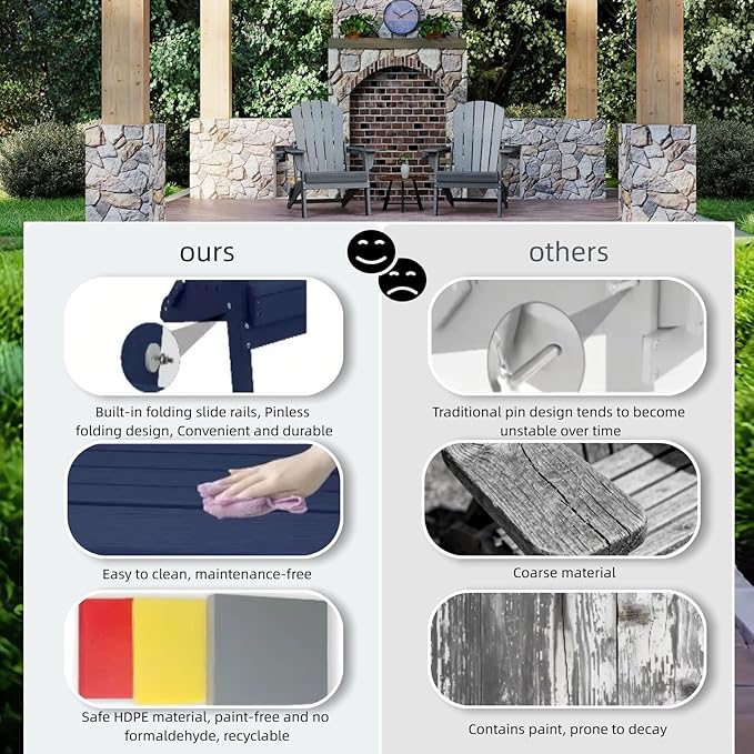 Folding Adirondack Chair Set of 4, HDPE Outdoor Patio Chair with Cup Holder, All Weather Plastic Lawn Chair with Wide Armrests, Portable Patio Chair for Backyard Deck Garden Fire Pit Poolside, Grey