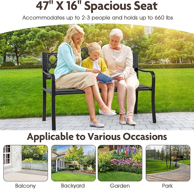 Giantex Metal Outdoor Bench with Backrest, Curved Armrests, Slatted Seat for 2-3 Persons, Load 660 lbs, 47''x16'' Heavy-Duty Seating, Patio Garden Bench for Backyard, Poolside, Porch, Park, Black