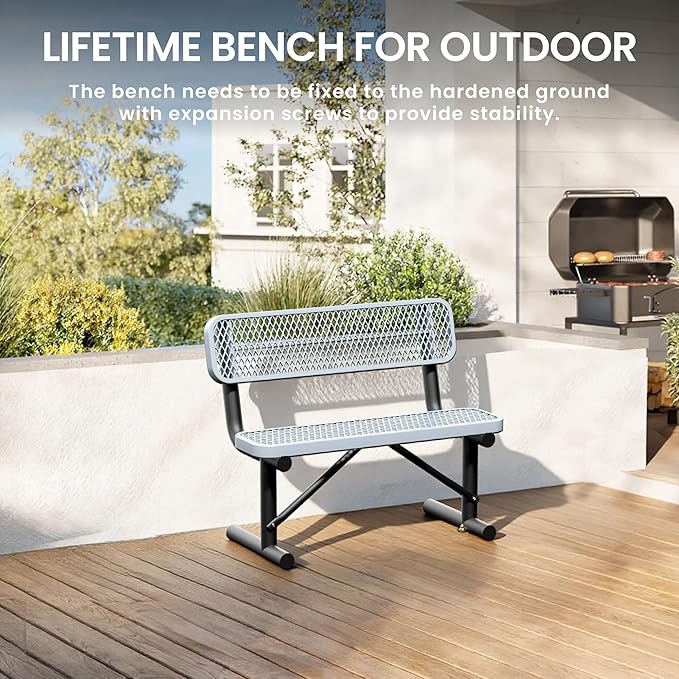 4 Feet Steel Park Bench for Outside, Outdoor Bench with Backrest & Portable Frame, Commercial Benches for Shopping Malls, Stores, Parks, Patios, Decks, Grey