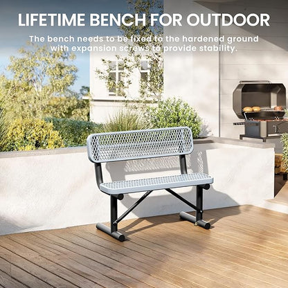 4 Feet Steel Park Bench for Outside, Outdoor Bench with Backrest & Portable Frame, Commercial Benches for Shopping Malls, Stores, Parks, Patios, Decks, Grey