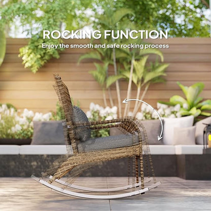 Outsunny Outdoor Wicker Adirondack Rocking Chair, Patio Rattan Rocker Chair with High Back, Seat Cushion, and Pillow for Garden, Porch, Balcony, Gray
