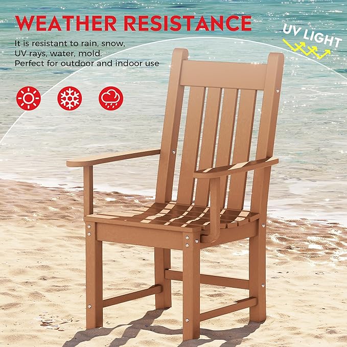 Costaelm Patio Dining Chairs, Plastic Outdoor Adirondack Chair with Arm, HDPE Poly Lumber, Waterproof Restaurant Bistro Dining Chair for Outside Porch Backyard Garden, Teak