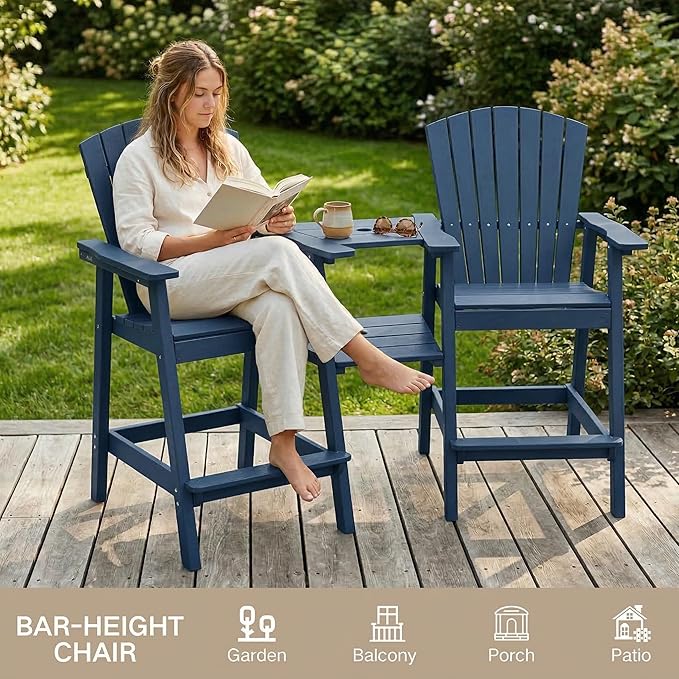 Kingdura Tall Adirondack Chairs Set of 2 with Removable Connecting Tray & 2" Umbrella Hole, Weather-Resistant HDPE Bar Height Outdoor Chairs, Wood-Look Balcony Bar Stools for Patio, Deck (Navy Blue)