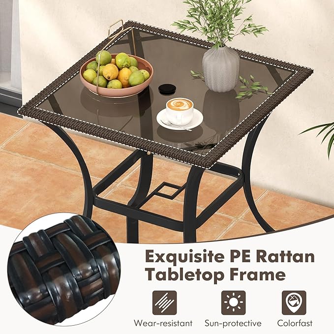 Tangkula Patio Bar Table with Umbrella Hole, All Weather 37 Inches Height Heavy Duty Outdoor Square Glass Top Table, for Garden Balcony Poolside and Lawn, Mix Brown