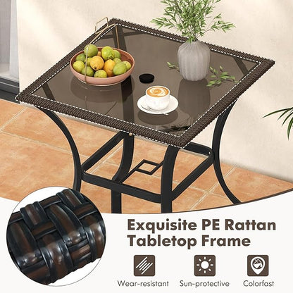Tangkula Patio Bar Table with Umbrella Hole, All Weather 37 Inches Height Heavy Duty Outdoor Square Glass Top Table, for Garden Balcony Poolside and Lawn, Mix Brown