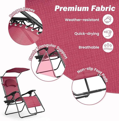 Goplus Zero Gravity Chairs, X-Large Folding Lounge Lawn Chair w/Canopy Shade & Cup Holder, Adjustable Folding Patio Recliner for Pool Porch Deck Oversize (Wine)