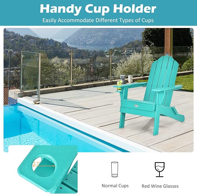 Tangkula Outdoor Folding Adirondack Chair, HDPE Armchairs with Cup Holder, Weather Resistant Lounger Chair for Patio Garden Fire Pit Backyard, Lawn Porch Seating, Adirondack Lounger (2, Turquoise)