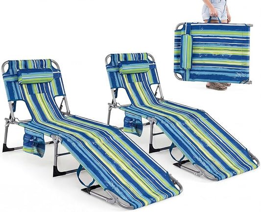 GYMAX Tanning Chair with Face Hole, Sun Bathing Lounge Chairs for Outside with Side Pocket, Folding Portable Face Down Layout Tanning Chair Beach, Backyard, Poolside, Lawn (Blue Stripe,2)