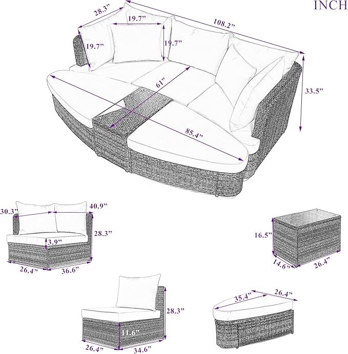 Quarte 6-Piece Patio Outdoor Conversation Round Sofa Set - Photo 3