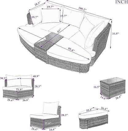 Quarte 6-Piece Patio Outdoor Conversation Round Sofa Set, All Weather PE Wicker Rattan Separate Seating Group with Coffee Table, Sectional Sofa Set for Garden Balcony (Beige/Round6)