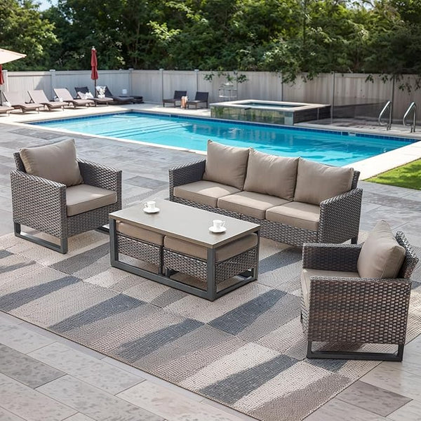 Rilyson Wicker Outdoor Patio Furniture Set - 6 Piece Patio Conversation Set with 2 Armrest Chairs, 2 Rattan Ottoman - Photo 1