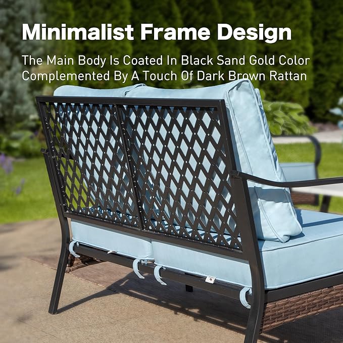 Metal Patio Furniture Loveseat with 5.75" Extra Thick Waterproof Cushion, 2-Seater Deep Seating & High-Back Black Outdoor Couch All Weather Outdoor Seating for Gazebo Porch, Blue