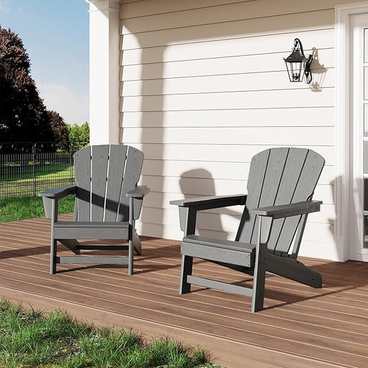 IDEALHOUSE Adirondack Chairs Set of 2, Fixed Non-Folding Design, HDPE Outdoor Chair, 380 LBS Weight Capacity, Wood Grain Texture Patio Lawn Garden Backyard Deck Poolside Furniture, Gray