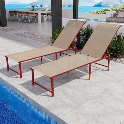 Lounge Chair Outdoor Set of 2, Foldable & Assembly Free Aluminum Chaise Lounge Chair with 5-Position Recliner, Pool Lounge Chairs for Outside Poolside Beach Lawn (Red)