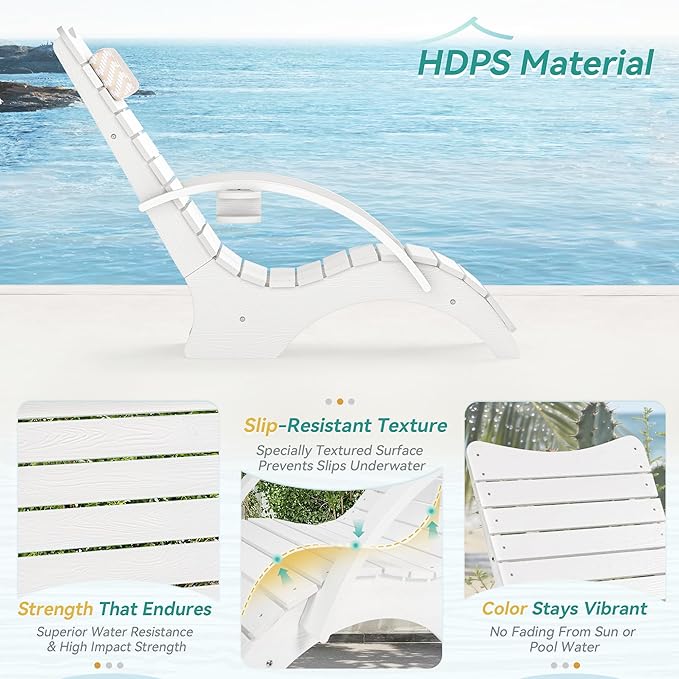 Pool Lounge Chairs, Shallow Water 8-10 Inches Deep, HDPS Fade Resistant Pool Tanning Chair with Armrest, Cup Holder, Headrest, 330lbs Capacity, Outdoor Beach Patio Deck Sun Lounger, White