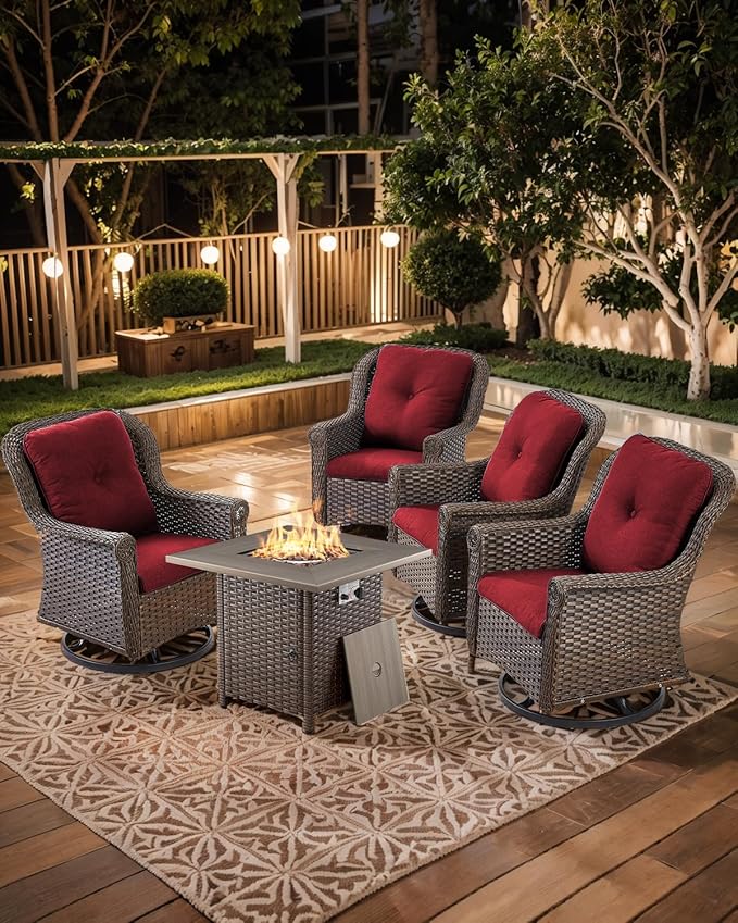 Outdoor Patio Swivel Gliders with Fire Pit Table 5 Piece Set - High Back Brown Wicker Rattan Rocking Chair with Thick - Photo 6