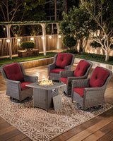 Outdoor Patio Swivel Gliders with Fire Pit Table 5 Piece Set - High Back Brown Wicker Rattan Rocking Chair with Thick - Photo 6