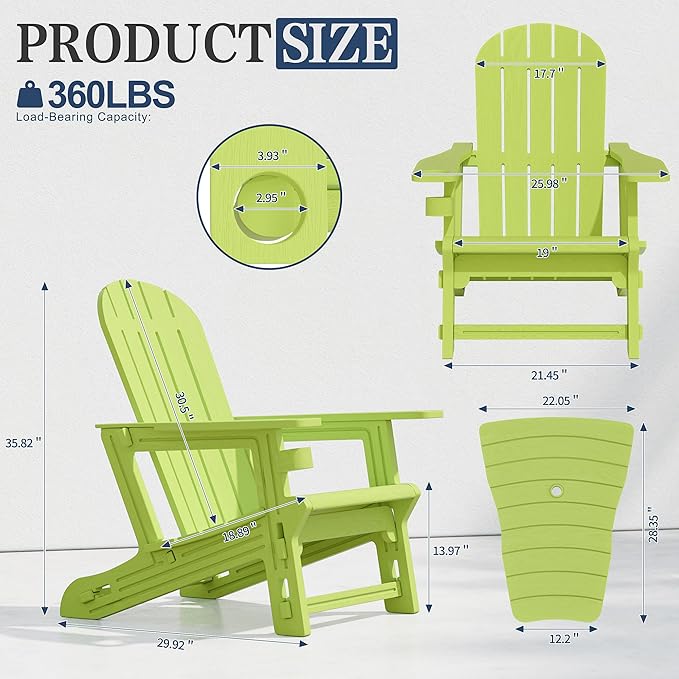 Vongrasig Adirondack Chairs Set of 2 with Removable Tabletop, All-Weather HDPE Outdoor Chair Set with Wooden Textured, Cup Holder for Patio, Poolside, Deck, Garden, Green