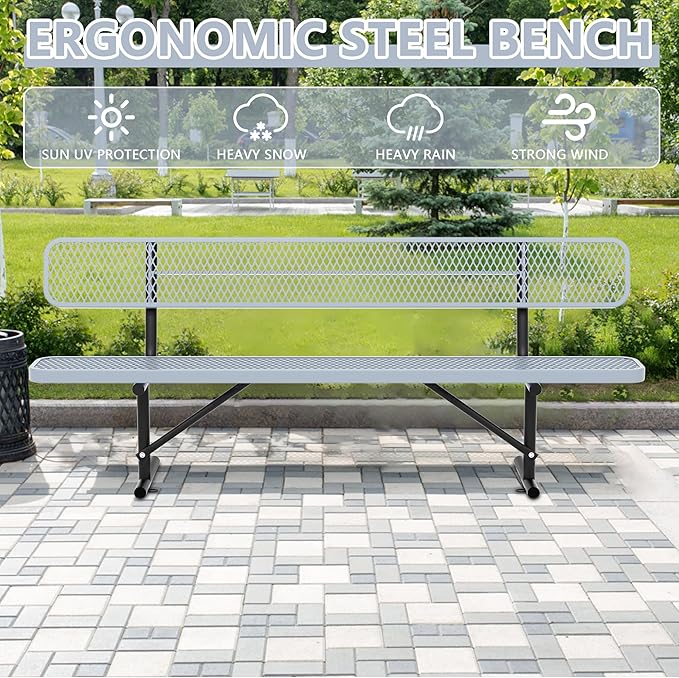 96" Metal Park Benches for Outside - Gray Outdoor Benches Heavy Duty Garden Weatherproof Bench with Backrest, Buddy Bench for Schools,Commercial Benches for Shopping Mall, Store, Yard, Patio