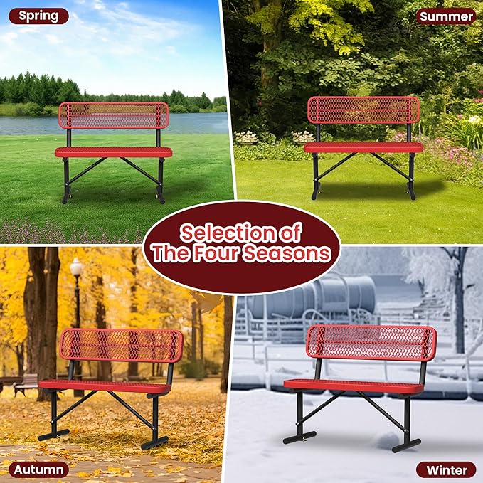4ft Metal Park Bench with Back, Red Heavy-Duty Steel Outdoor Bench Dock Bench Weatherproof Long Bench Seats, Commercial Garden Benches for Lawn, Park, Deck, Garden, Patio, Porch, Easy Installation