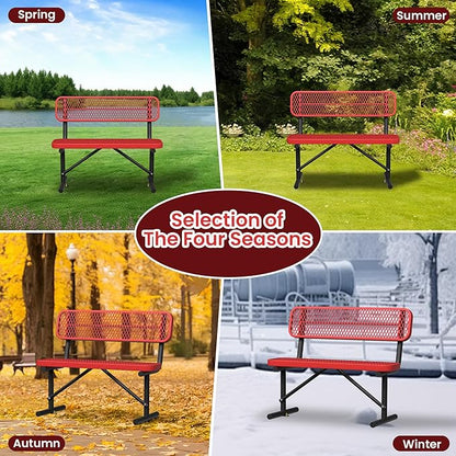 4ft Metal Park Bench with Back, Red Heavy-Duty Steel Outdoor Bench Dock Bench Weatherproof Long Bench Seats, Commercial Garden Benches for Lawn, Park, Deck, Garden, Patio, Porch, Easy Installation