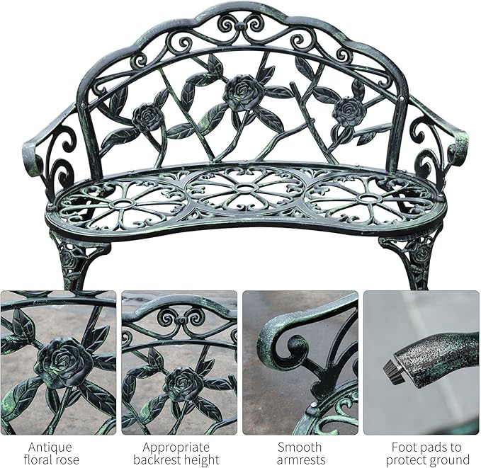 Antique-Style Metal Garden Bench with Back and Armrests