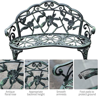 Antique-Style Metal Garden Bench with Back and Armrests
