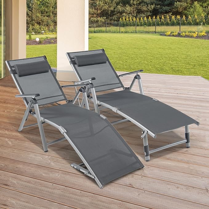 Giantex Outdoor Chaise Lounge Chair - Set of 2 Folding Lounge Chair w/ 8-Level Adjustable Backrests, Aluminum Frame, Cozy Headrest Pillow, Patio Recliner for Backyard Poolside Balcony (2, Gray)