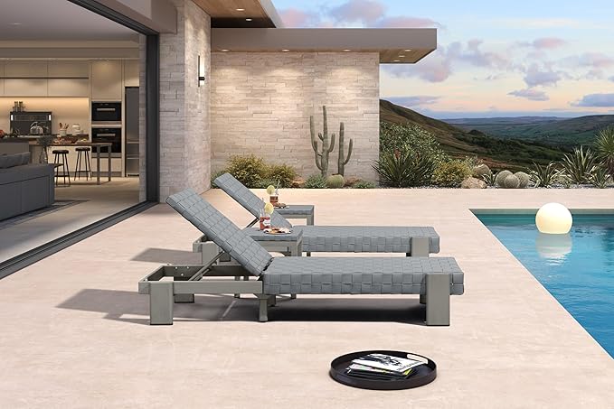 PURPLE LEAF Patio Chaise Lounge Modern Outdoor PU Leather Style Lounge Chair 4 Pieces with Adjustable Backrest Luxury Aluminum Chaise Lounge Chairs for Pool Garden Backyard Beach, Grey