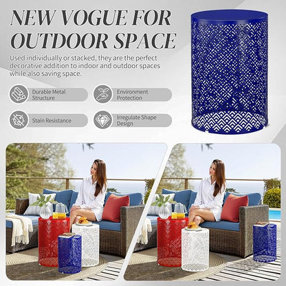 Outvita Outdoor Nesting Tables Set of 3, Heavy Duty Metal Frame Accent Modern End Table, Portable Side Table for Indoor, Outdoor, Living Room, Meander Pattern - Blue & White & Red