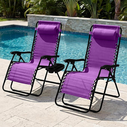 Best Choice Products Set of 2 Extra Wide Adjustable Steel Mesh Zero Gravity Lounge Chair Recliners w/Pillows and Cup Holder Trays - Amethyst Purple
