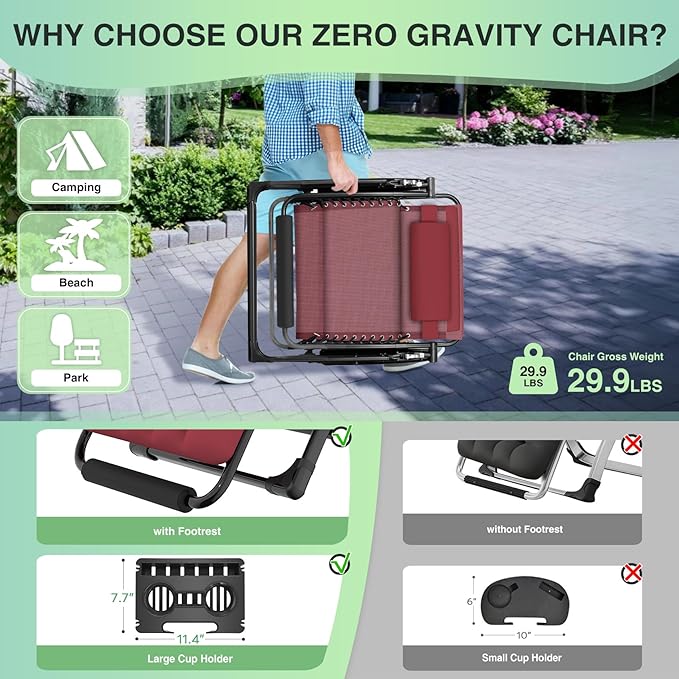 Suteck Oversized Zero Gravity Chair, 29In XL Outdoor Recliner Chair w/Removable Cushion&Headrest - Photo 5