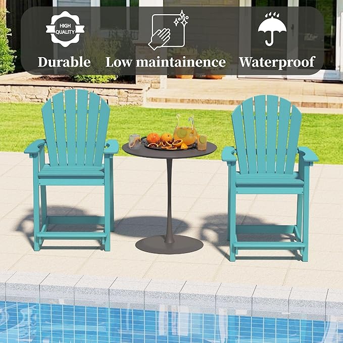 Outdoor Tall Adirondack Chair, Weather Resistant Poly Balcony Chair, HDPE Outdoor Chair for Garden, Backyard, Poolside, Capacity 400LBS (1 PC, Aqua Blue)