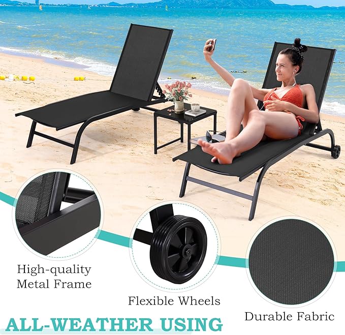 EROMMY Patio Chaise Lounge Chair Set of 2 with Table, Adjustable Backrest & Wheels - Photo 3