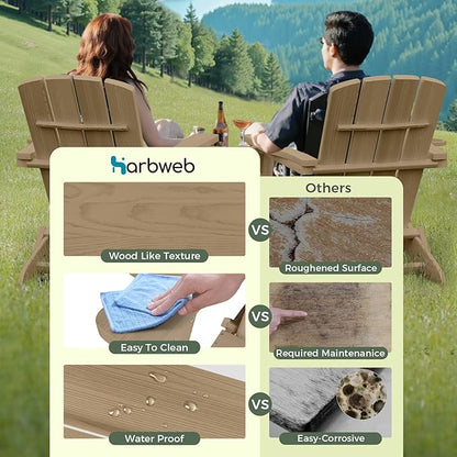 Folding Adirondack Chair with Wood Texture, HDPE All-Weather Fire Pit Chairs, Plastic Adirondack Chairs with 2 Cup Holder, Outdoor Lawn Chair for Patio Garden (Teak)