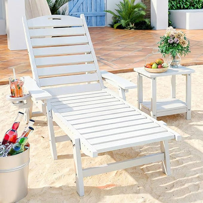 Pamapic 500 LBS Lounge Chair with Coffee Table Set of 2, Wide Armrest Oversized Chaise Lounge Chair with Wheel, 4 Positions Chaise Lounge with Cup Holder, Outdoor Lounge Chairs for Poolsdie, White