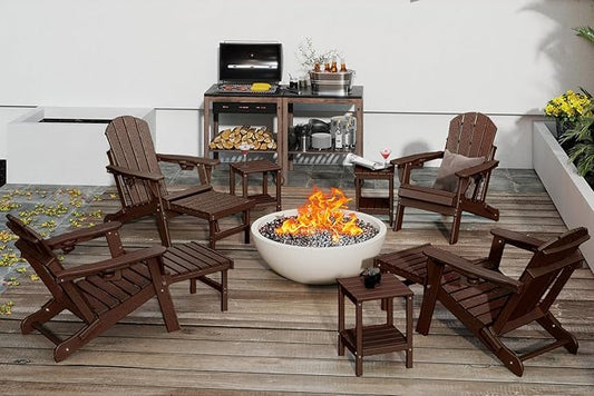 GREENVINES Adjustable Adirondack Chair with Retractable Ottoman Set of 4 | Folding | 2 Cup Holders | Wood Grain HDPE Plastic | Fire Pit Chairs w/Foot Rest | Dark Brown | for Outdoor Patio Poolside
