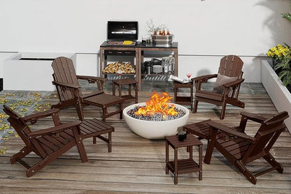 GREENVINES Adjustable Adirondack Chair with Retractable Ottoman Set of 2 | Folding | 2 Cup Holders | Wood Grain HDPE Plastic | Fire Pit Chairs w/Foot Rest | Dark Brown | for Outdoor Patio Poolside