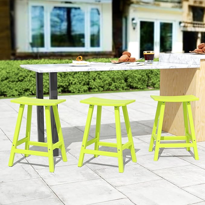 Costaelm All-Weather Bar Stools Set of 3, 24" Height Outdoor Bar Stools, Adirondack Poly Patio Bar Stool for Patio, Deck, Kitchen Counter and Garden, Lime