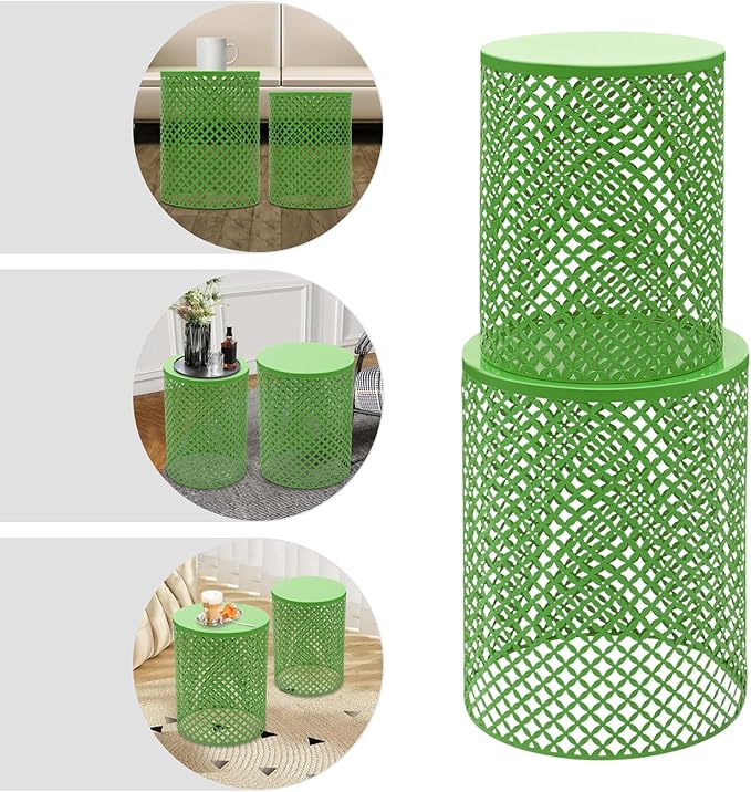 2PCS Outdoor Side Table, Heavy Duty Metal Frame Side Table Decorative Garden Stool Modern End Table Round Coffee Table for Patio Gardens Balconies Cafes (Green)