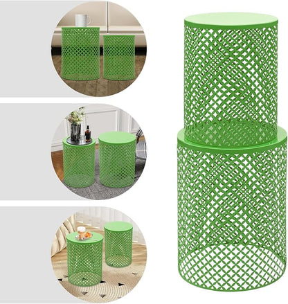 2PCS Outdoor Side Table, Heavy Duty Metal Frame Side Table Decorative Garden Stool Modern End Table Round Coffee Table for Patio Gardens Balconies Cafes (Green)