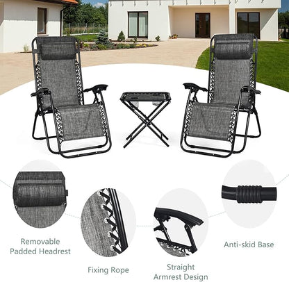 HAPPYGRILL Zero Gravity Lounge Chairs Set with Coffee Table, Folding Reclining Chairs with Side Table and Pillow, 3 Pieces Adjustable Patio Lawn Recliner Set for Outdoor Garden Camp Travel